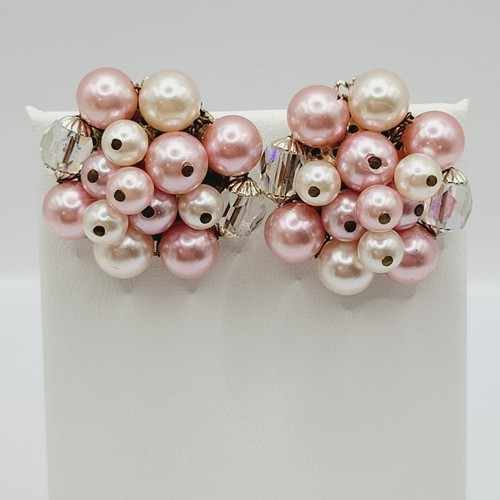 Rosa Rouge Perlen Cluster mit funkelndem Glas Fancy Vintage Clip auf Ohrringe Japan - Bild 17 von 24