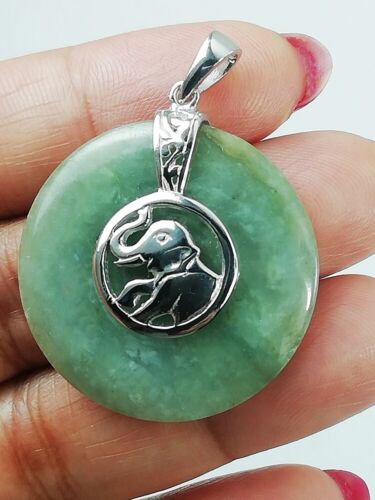 Colgante de Jade Plata 925 Elefante de Ley Jadeíta Verde Claro Tallado Joyería - Imagen 2 de 8