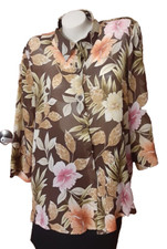 Alfred Dunner Brown Floral Sheer Blouse Bracelet Sleeves Misses Size 16