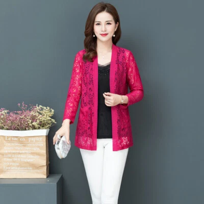 Damen Blumen Spitze Hemd Midi Länge Strickjacke Hohl Schier Outwearlinie Schal - Bild 1 von 4