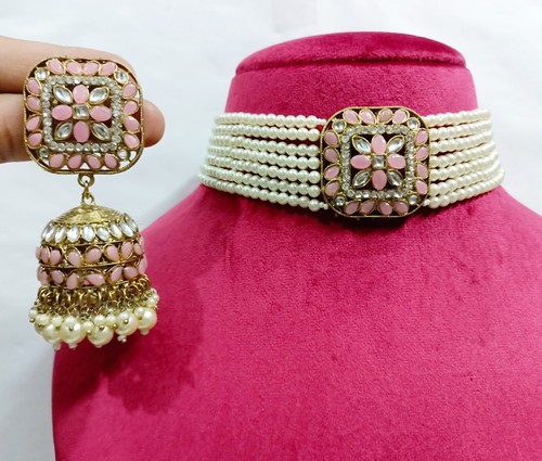 Indian CZ Pink Pearls Necklace Jhumki Gold Plated Women Wedding Bridal Jewelry - Picture 2 of 4