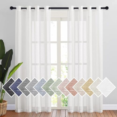 Linen Sheer Curtains Grommet 2 Panels Privacy Light Filtering Drapes Living Room - Picture 2 of 7