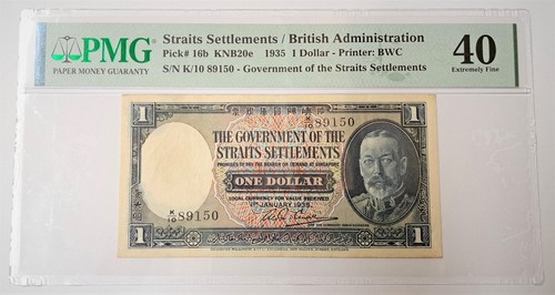 1935 Malaya Straits Settlements 1 dólar SN # K1089150 PMG 40 extremadamente fino