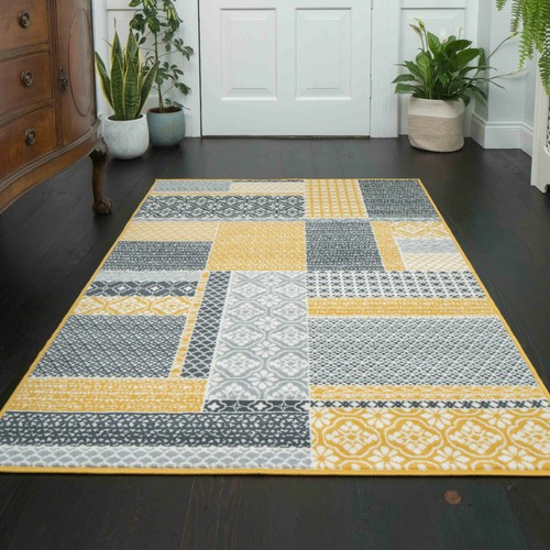 Gold Mustard Yellow Ochre Golden Grey Patchwork Trendy Traditional Living Mat - Picture 16 of 16