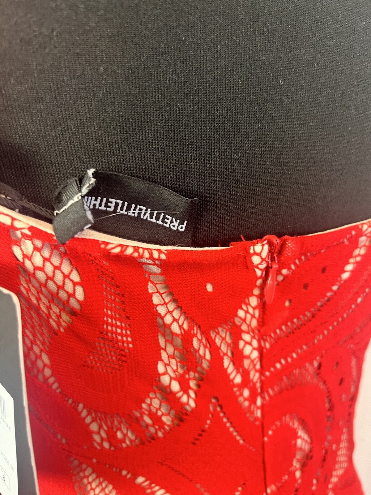 Pretty Little Thing Red Lace Ruffle New Bodycon Midi Dress Strappy UK12