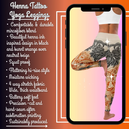 Henna Tattoo Leggings - Boho Beige Black Orange Lace Tribal Women Gym Yoga Pants - Video 1 of 1