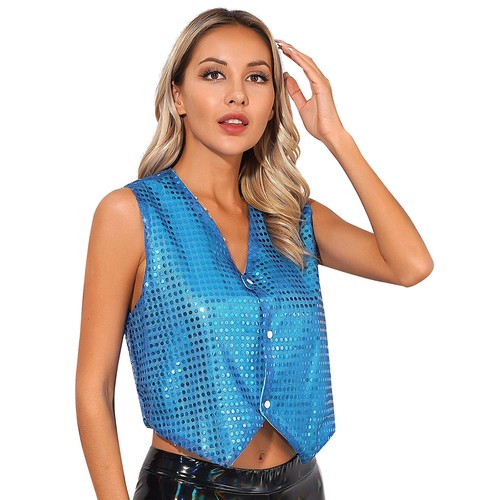 Damen Tank Weste Festival Weste Pailletten Crop Tops Glitzer Tanz Kostüm - Bild 76 von 111