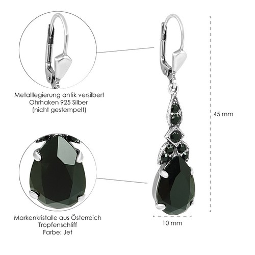 Jugendstil Ohrhänger Silber Schwarz Markenkristalle aus Österreich NOBEL SCHMUCK - Bild 6 von 6