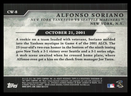 2012 Topps Alfonso Soriano #CW-8 New York Yankees - Picture 2 of 2