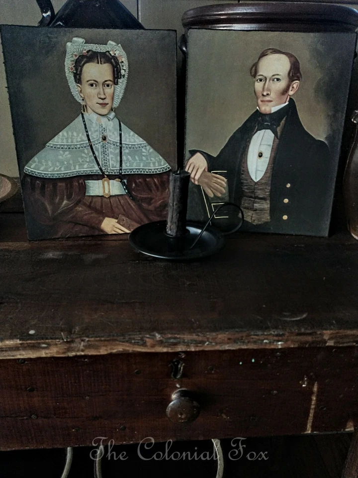 Reproducción colonial retratos en lienzo 8x10 arte popular primitivo americano temprano Foto 3 de 4