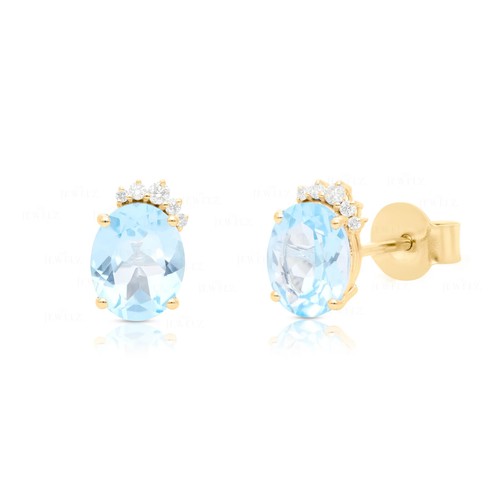 14K Gold VS/F-G Diamant Oval Blautopas Ohrstecker - The Jewelz - Bild 2 von 6