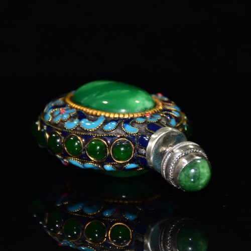 Noble China white copper cloisonne inlaid emerald jade gem snuff bottle - Picture 8 of 9