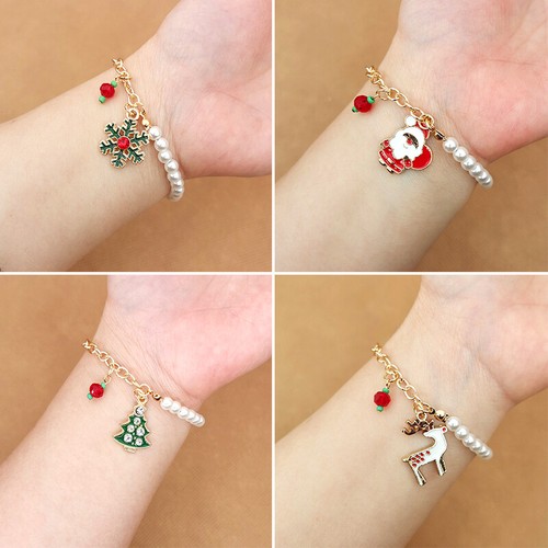 Womens Faux Pearl Beaded Bangle Snowflake Bells Bracelet Wedding Jewelry Gift - Picture 7 of 19