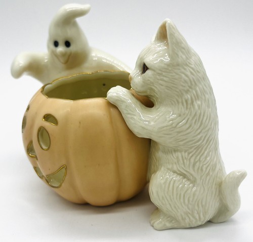 Lenox Peek-A-Boo Friends 2002 gato fantasma Jack-O-Lantern calabaza votiva Halloween - Imagen 3 de 11