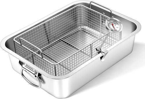 Deep Fryer Pot with Basket 10 Qt Stainless Steel Rectangular Fish Fryer with Oil