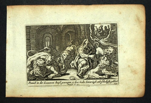 1700 Gravure Bible ancien testament LE PROPHÈTE DANIEL DANS LA FOSSE AUX LIONS - Imagen 2 de 2