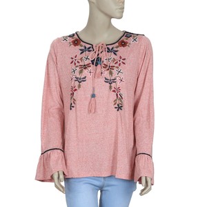 193226-New-Vero-Moda-Embroidered-Tie-Knot-Bell-Sleeve-Peach-Blouse-Top-Large-L
