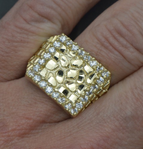 10K Real Yellow Solid Gold Mens Nugget and Cuban Ring 16.7mm 5.7 Gram - Picture 2 of 5