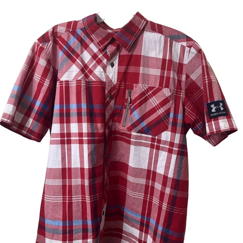 under armor dress shirt UNDER ARMOR Men's Red White Blue Short Sleeve Cotton Casual Shirt Large