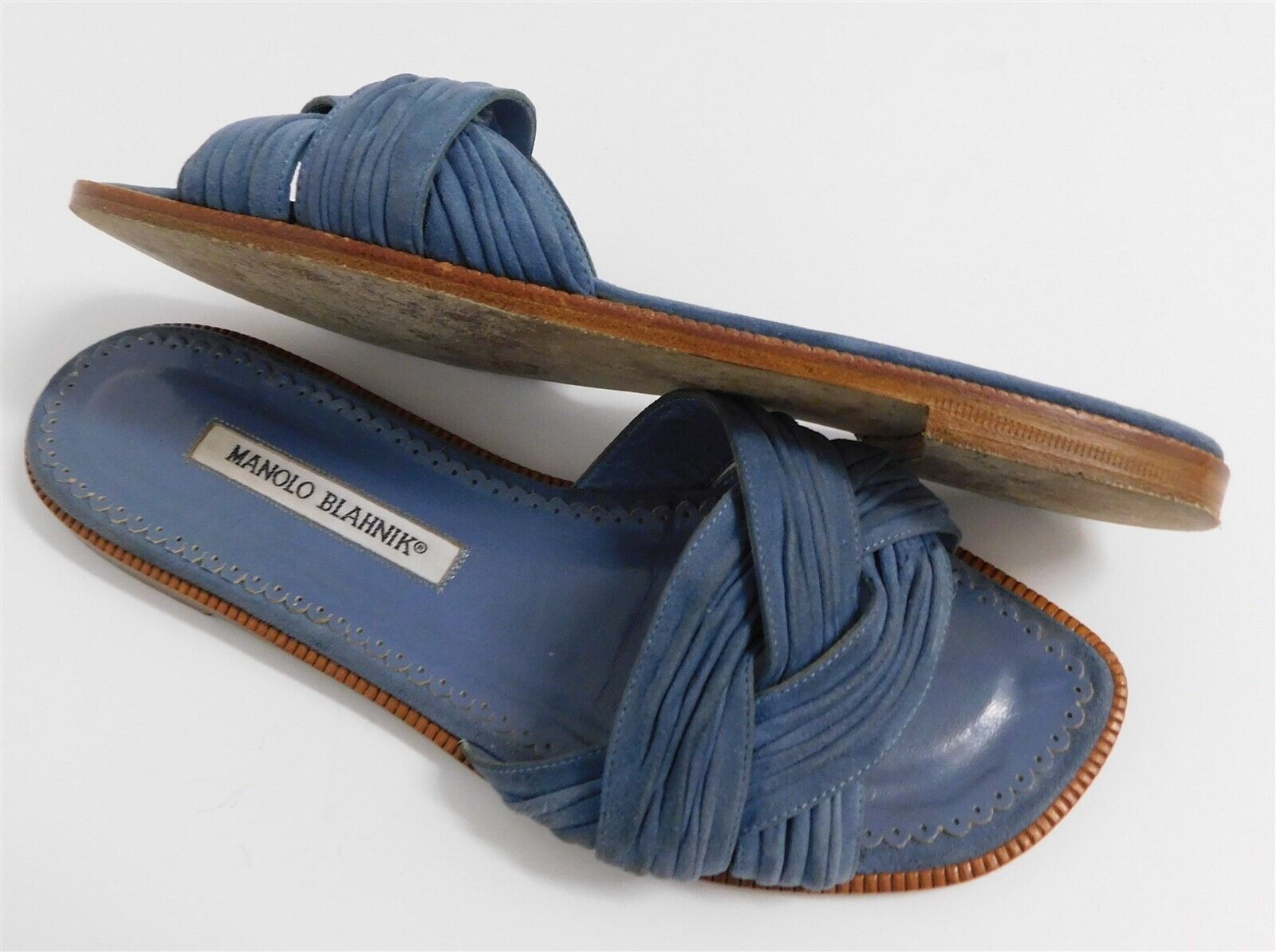 Manolo Blahnik Blue Suede Leather Braided Slide F… - image 3