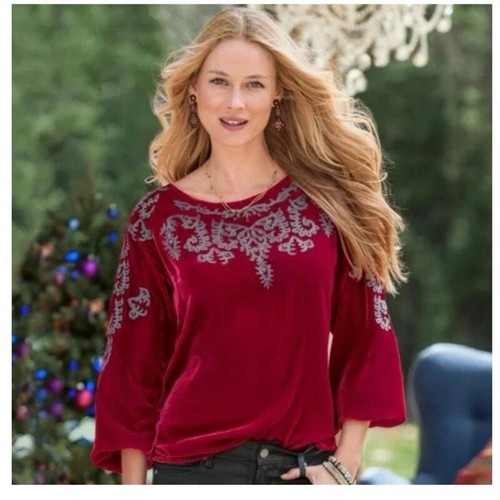 Sundance top large red velvet holiday festive embroidered long puff sleeve - Foto 1 di 12
