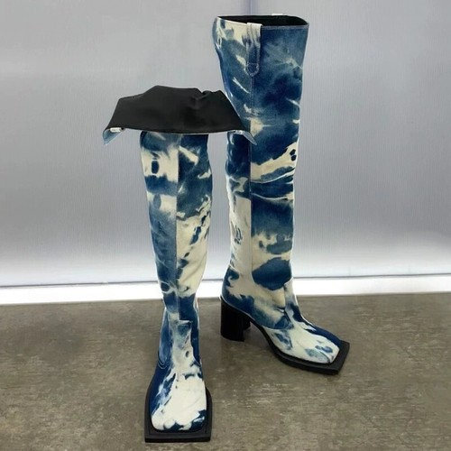 Damenschuhe mit quadratischer Zehenpartie über dem Knie hoch Denim klobiger Blockabsatz zum Anziehen - Bild 6 von 14