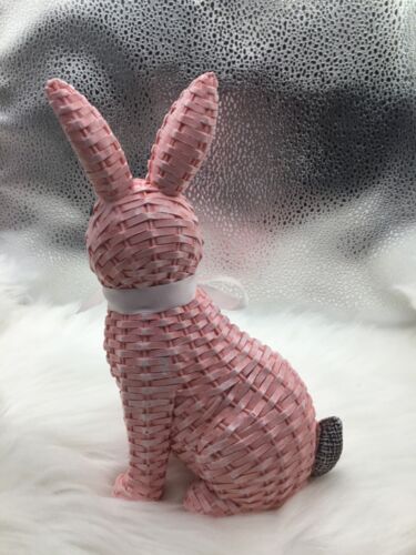 NEW PINK Easter Bunny with Bow Decor Rattan Effect Resin Statue Table Decor 8” - Picture 3 of 5
