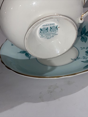 Rare Paragon teacup and saucer double warrant England mint green Cabbage rose ex - Picture 5 of 9