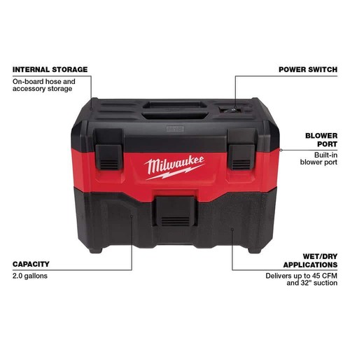 Milwaukee Vacuum M18 18V 2 Gal Li-Ion Cordless Wet Dry Extra Wet Dry HEPA Filter - Picture 4 of 10