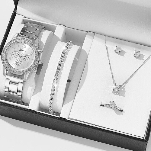Reloj de cuarzo de lujo con estrás y juego de joyas de 5 piezas, regalo para mujer - Imagen 5 de 45
