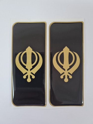 2x Matt GOLD Khanda Schwarz B/G Gel gewölbt Nummernschild Abzeichen/Aufkleber 107x42mm - Bild 1 von 2