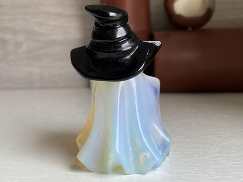 2.7" Carved Opalite Ghost skull +Obsidian Cap Halloween Ghost Crystal Gifts 1PC - Picture 6 of 10