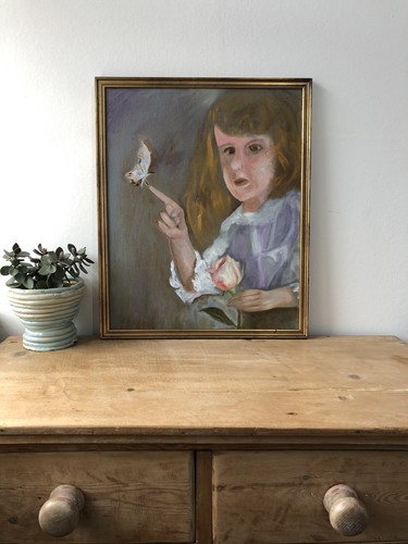 Young Girl Butterfly Portrait Impressionist Vintage Oil Painting - Picture 2 of 9