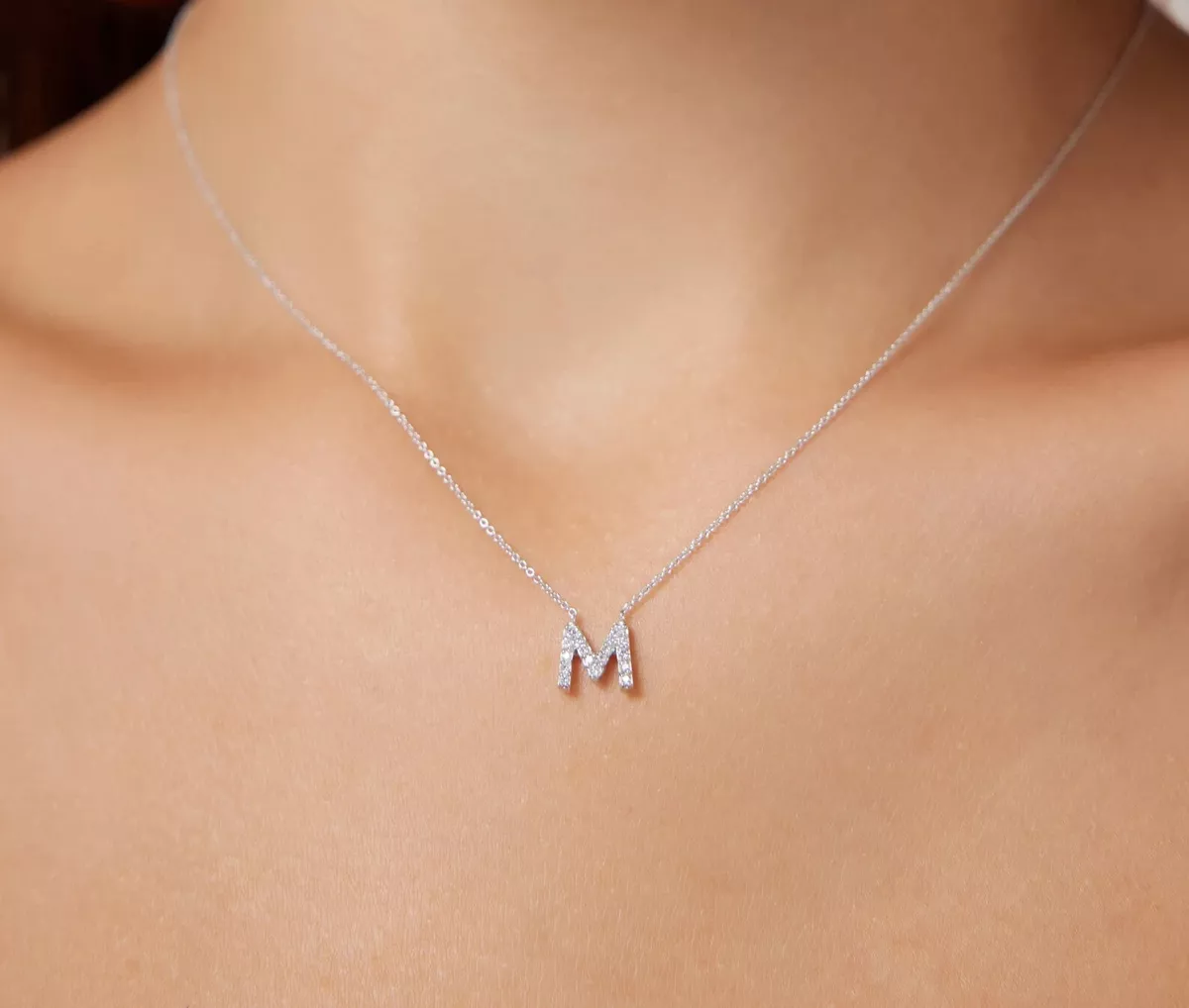 14K SOLID WHITE GOLD DIAMOND INITIAL NECKLACE DIAMOND LETTER M NECKLACE