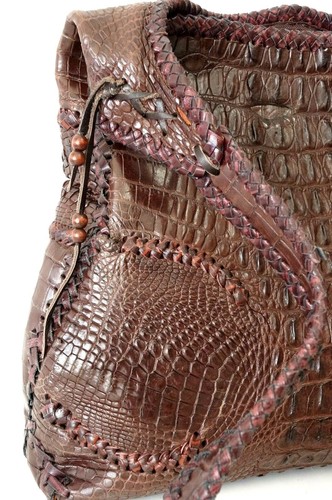 Genuine DARK BROWN CROCODILE SKIN SHOULDER BAG BOHO TASSELS - Picture 2 of 8