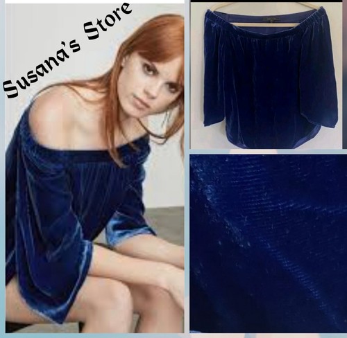 NEU MIT ETIKETT BLAU BCBG MAXAZRIA GRÖSSE L SABBIE SAMT SCHULTERFREI GLOCKENÄRMEL OBERTEIL