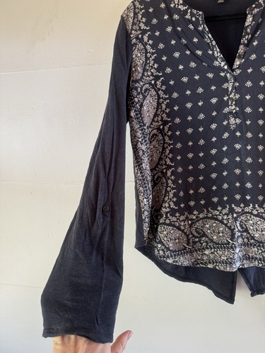 Lucky Brand Rayon Navy Blue Bandana Print Roll Tab Sleeves Knit Popover Shirt - Picture 2 of 6