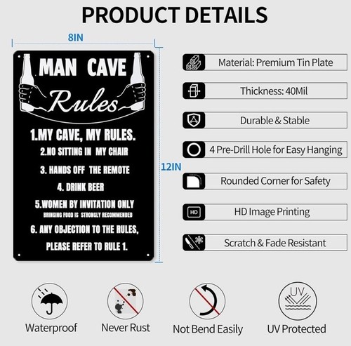 Vintage Metal Wall Sign Funny Man Cave Decor Unique Retro Tin Signs 8 X 12 inch - Picture 2 of 4