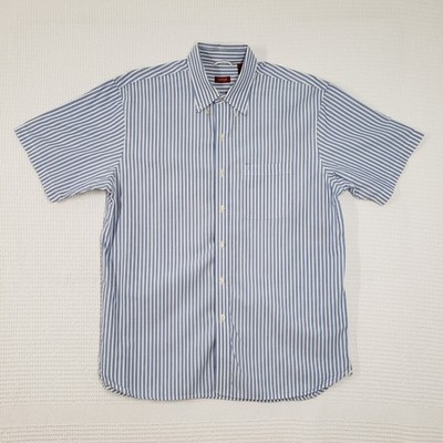 IZOD Button Down Shirt Mens Large Blue White Striped Short Sleeve Preppy Cotton