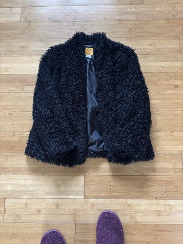 Women's Ruby Rd Jacket Sz 12P Open Front Black Faux Fur Short Lite Weight Furry - Picture 2 of 8