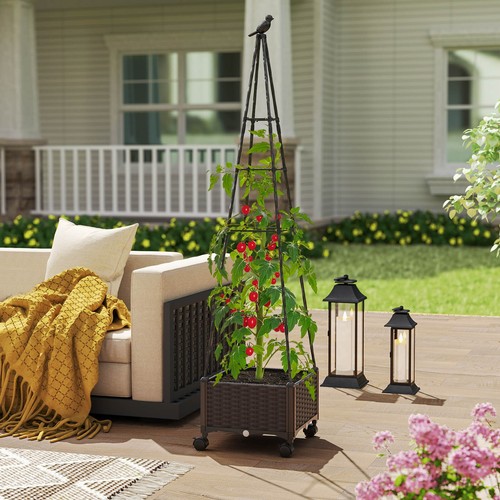 2 PCS Raised Garden Bed w/ Plant Box & Obelisk Trellis Lockable Wheels Cage - Picture 3 of 10
