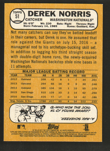 2017 Topps Heritage #51 - Derek Norris - Washington Nationals  17-1176 - Picture 2 of 2
