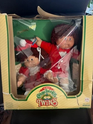 Vintage 1985 Cabbage Patch Kids Twins Girls Brown Hair Brown Eyes Red Outfits