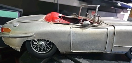 Vintage E Type Jaguar Metal Tin Display Toy Car Model Silver & Red 265WKD 12.5" - Picture 8 of 11