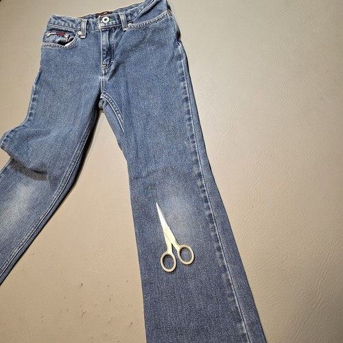 Vintage Tommy Hilfiger Blue Jeans Girls Size 10 Green Buttonhole Y2K Flare Leg - Picture 8 of 14