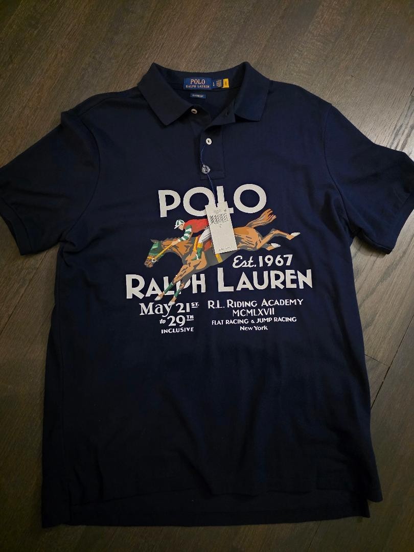 Polo Ralph Lauren Men VTG Classic Horse Riding Graphic Mesh Polo Shirt Navy SZ L
