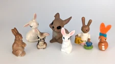 Lot of 7 Vintage Miniature Porcelain & Wood Bunny Rabbit figurines, 1"-1.5"