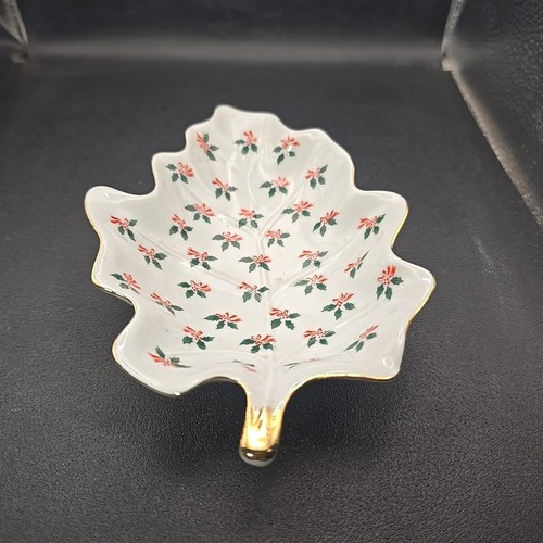 Piatto caramelle vintage Lefton dipinto a mano Leah Holly bordo oro 02538 Natale 6" x 4" - Foto 4 di 11