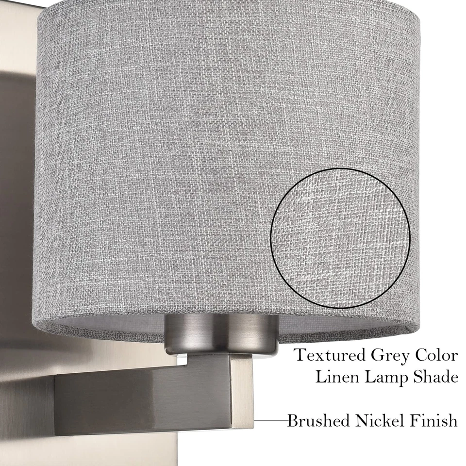 Apliques de pared de níquel cepillado conjunto de dos modernos apliques de tela pantalla lámpara de pared pared de tambor... Foto 3 de 4