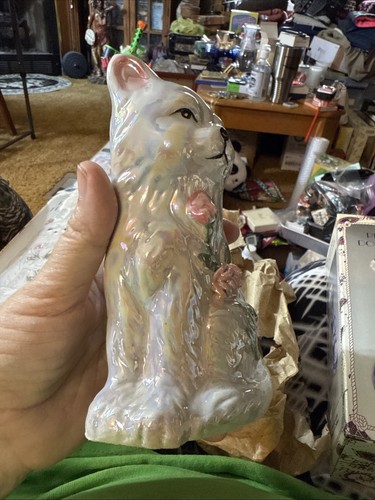 VTG 70s Porcelain Lusterware Cat Figurine Pink White Pearl Opalescent - Picture 8 of 16